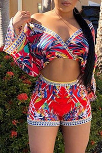 V Neck Print Red Two-piece Shorts Set