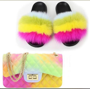 Faux fur Rainbow sliders with handbag