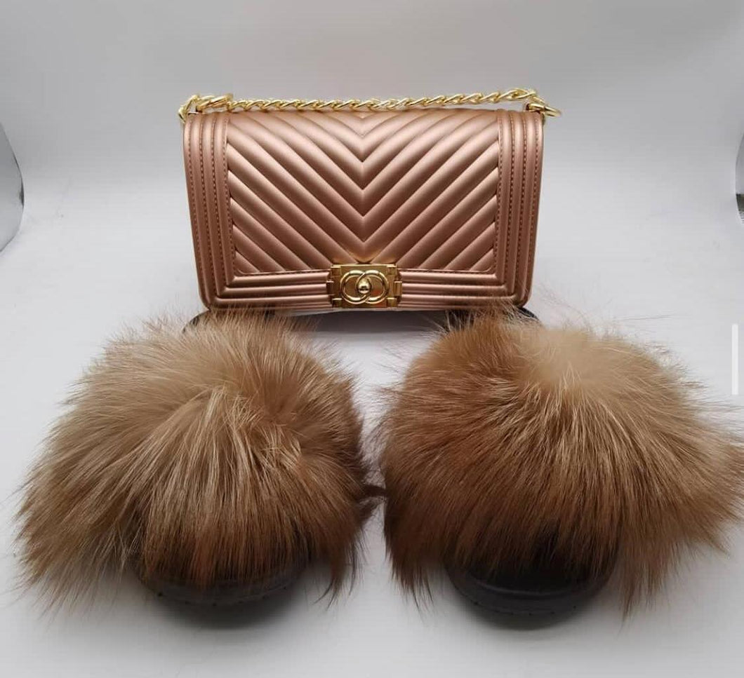 Bronze faux fur sliders and handbag set