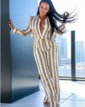 Load image into Gallery viewer, Striped Shirt Collar Long Sleeve Wide Leg Jumpsuit
