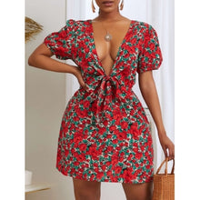 Load image into Gallery viewer, V Neck Floral Print Knot Design Mini Dress

