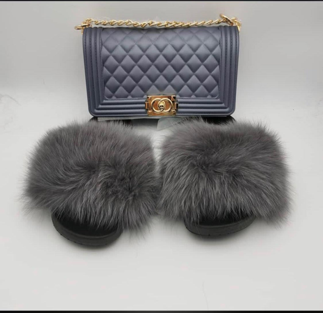 Faux Fur Sliders and Handbag set