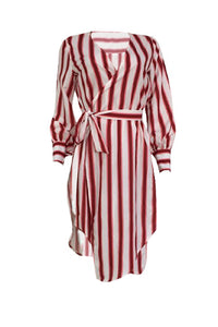 Striped Side Slit Red Cotton Dress(With Belt)