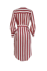 Striped Side Slit Red Cotton Dress(With Belt)