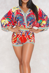 V Neck Print Red Two-piece Shorts Set