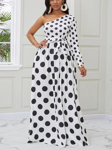 One Shoulder Dot Print White Maxi Dress