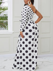 One Shoulder Dot Print White Maxi Dress