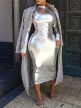 Load image into Gallery viewer, Turtleneck Skinny Silver Mid Calf Dress
