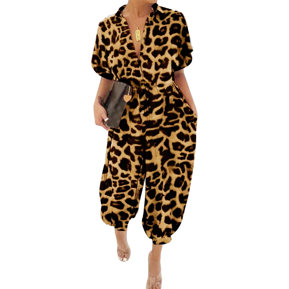 Leopard Turndown Collar Short Sleeve Jumpsuit