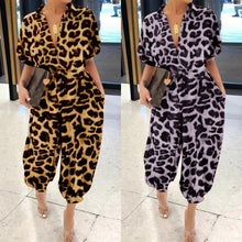 Load image into Gallery viewer, Leopard Turndown Collar Short Sleeve Jumpsuit
