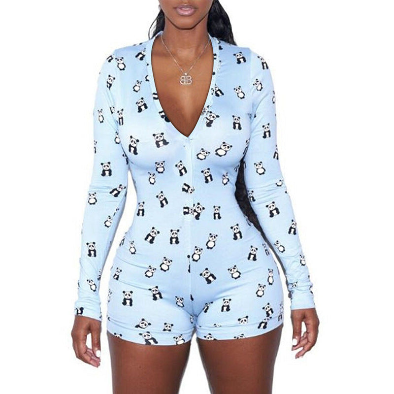 Casual Printed V Neck Button Long Sleeve Romper