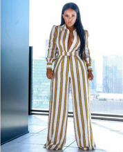 Load image into Gallery viewer, Striped Shirt Collar Long Sleeve Wide Leg Jumpsuit

