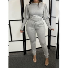 Load image into Gallery viewer, Puffed Sleeves Drawstring Grey Two Piece Pants Set
